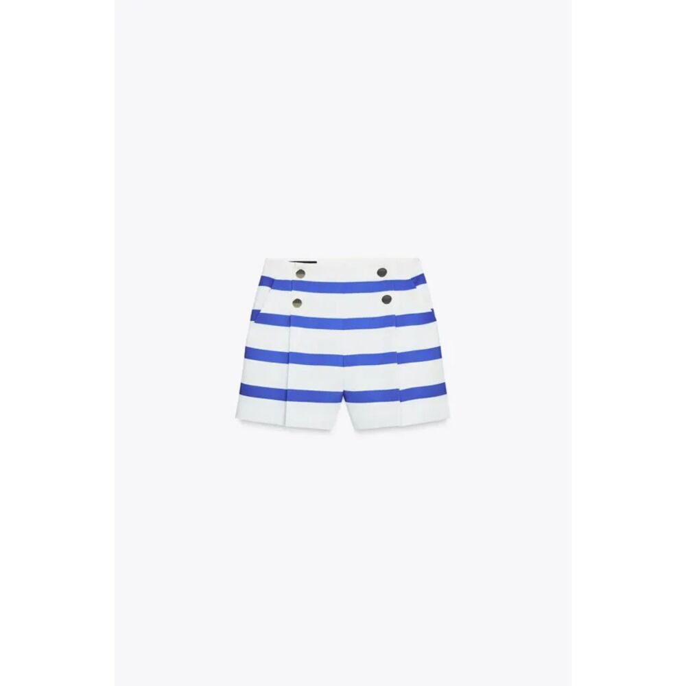 Blue and White Striped Zara Gold Decorative Buttons Pleated Nautical Shorts, NWT - Picture 6 of 8